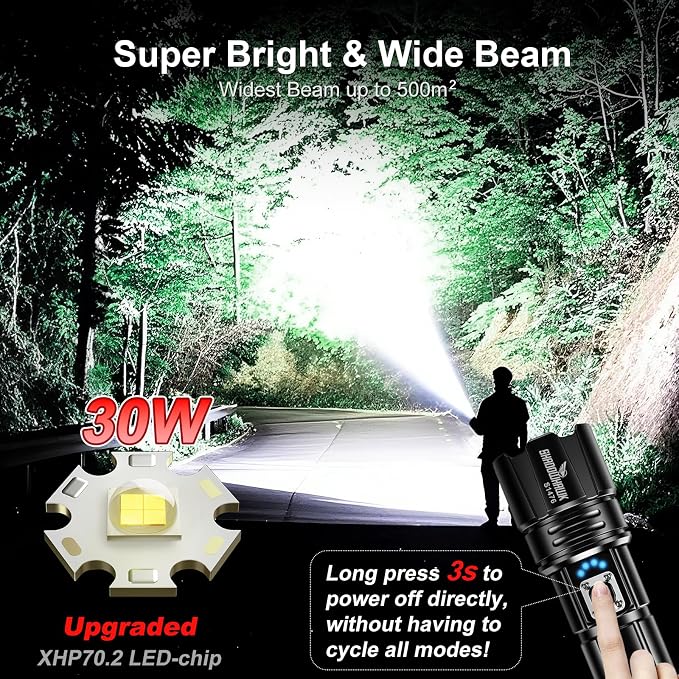 Flashlight 10000 High Lumens Rechargeable - 30W Super Bright LED Flash Light | 5000ft Beam & 12H Long Lasting USB C High Powered Handheld Police Flashlight for Home, Camping, Hiking, Emergency