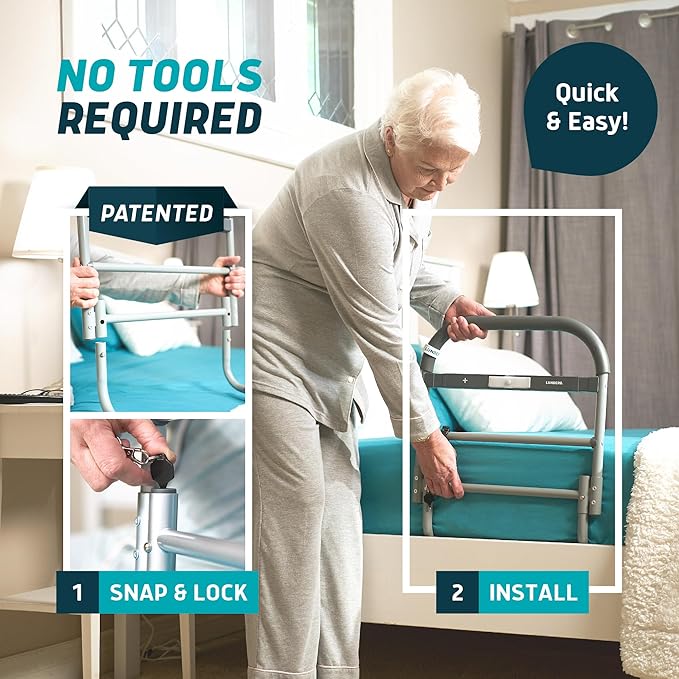 Lunderg Large Bed Assist Rail for Seniors with Motion Light & Non-Slip Bar | Easy to Install Bed Rails for Elderly Adults Safety & Post-Surgery - Helps Reduce Falls & Support Independence