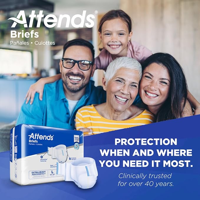 Attends Adult Incontinence Disposable Briefs, Large, 44"-58" Waist with SecureGrip Tab Closure, Extra Heavy Absorbency with Super Absorbent Core and Breathable Side Panels, 24ct Bag