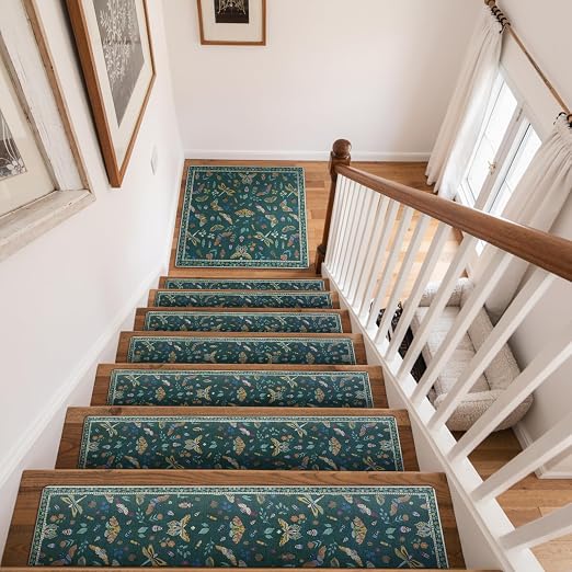 OJIA Insect Stair Treads Matching Mat for Wooden Steps 31"x31" Landing Rug | Square Stair Runners for Wooden Steps Indoor Rubber Anti-Slip Carpet for Stairs Landing Mat Stair Rugs 31x31 Dark Green