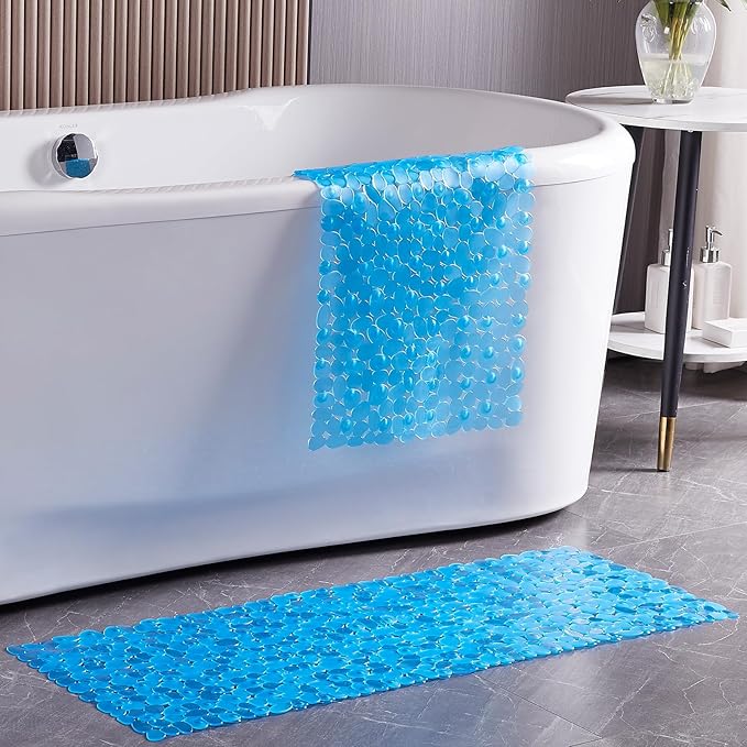 Bath Shower Mat Non Slip: Extra Large Pebble Bathtub mat for Families, Anti Slip Shower Matt with Drain Holes Suction Cups Tub Mat - 16 X 40 Inch Clear Blue