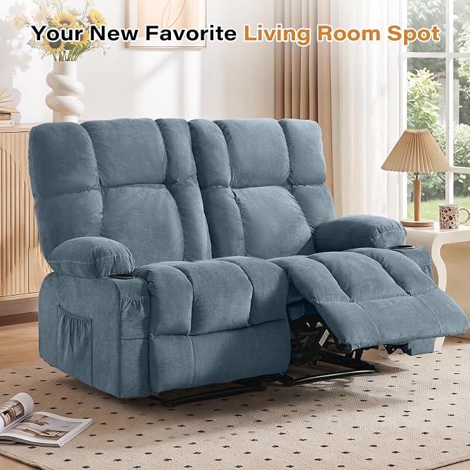 Oversized Fabric Reclining Loveseat Sofa for Living Room with Cup Holders | 2-seat recliner sofa with side pockets, padded seats and adjustable footrests for home theater, family room and relaxation