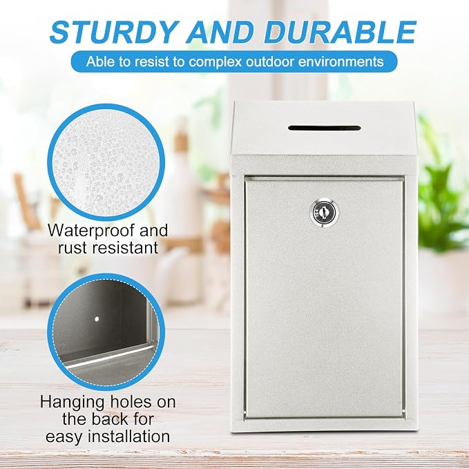 Yaocom Metal Money Box,White,10.24 x 5.71 x 2.95 Inch,No Lid | Wall Mounted Drop Donation Cash Box for Farm Stand Collection Safe Suggestion Box with Lock Container for Home Office Outdoor