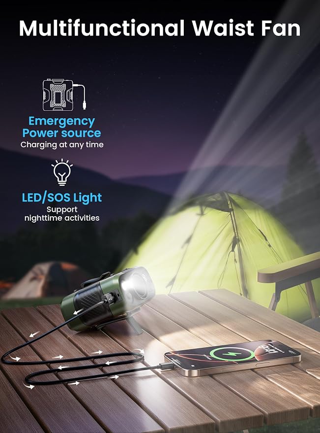 Koonie Waist Clip-on Fan, 100 Levels of Speeds, 24H Use Time, Green | Cool Clip Fan Under Shirt Fan, Rechargeable Battery, Wearable Belt Personal Device for Outdoor Work, Camping, Travel