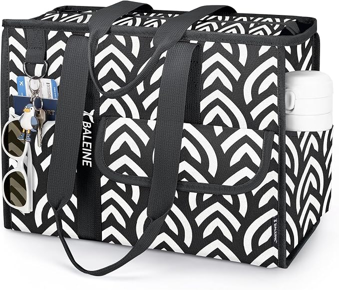 BALEINE Large Utility Tote Bag with Reinforced Bottom, Multi Pockets Foldable Tote Bag for Nurse, Travel, Work