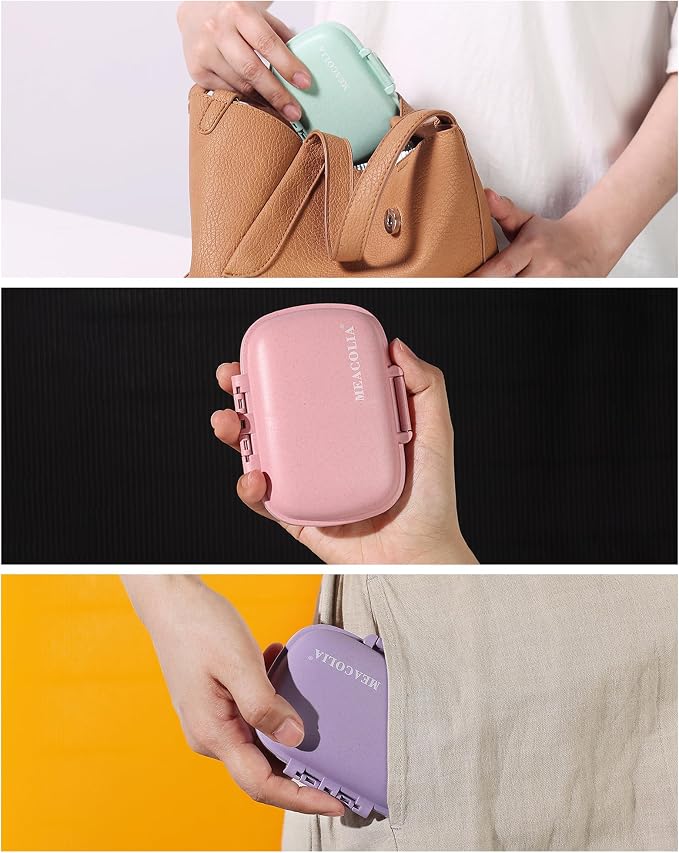 MEACOLIA 3 Pack Travel Pill Organizer - 8 Compartments Portable Pill Case for Purse, Moisture-Proof Daily Medicine Vitamin Container, Pill Box Holder for Travel Essentials (Purple, Green, Pink)