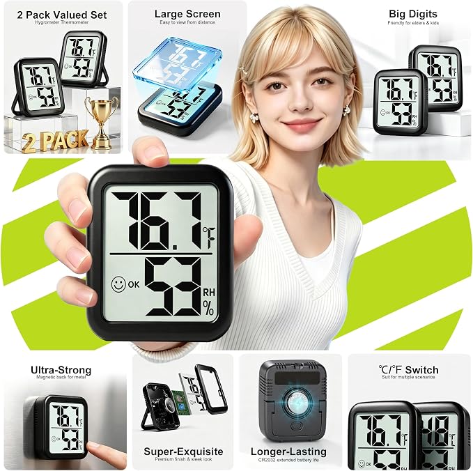 2 Pack Room Thermometer Indoor Hygrometer | Monitor Temperature & Humidity, Accurate, Fast Read, Easy To View, Magnetic/Kickstand/Hanging, ℉/℃, w/ Battery, Compact
