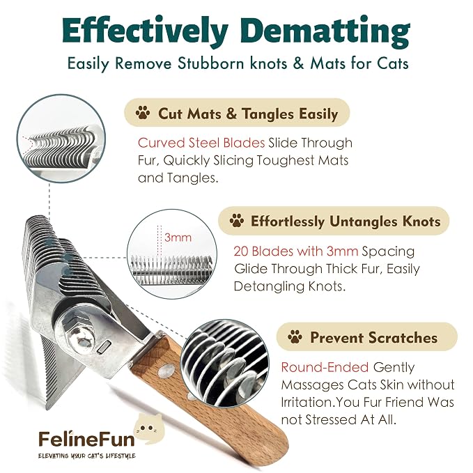 FelineFun Cat Brush for Dematting & Deshedding, 2 in 1 Undercoat Rake, Efficiently Remove Loose Hair & Matted Fur, Professional Shedding Comb for Indoor Cats & Long Haired Cats