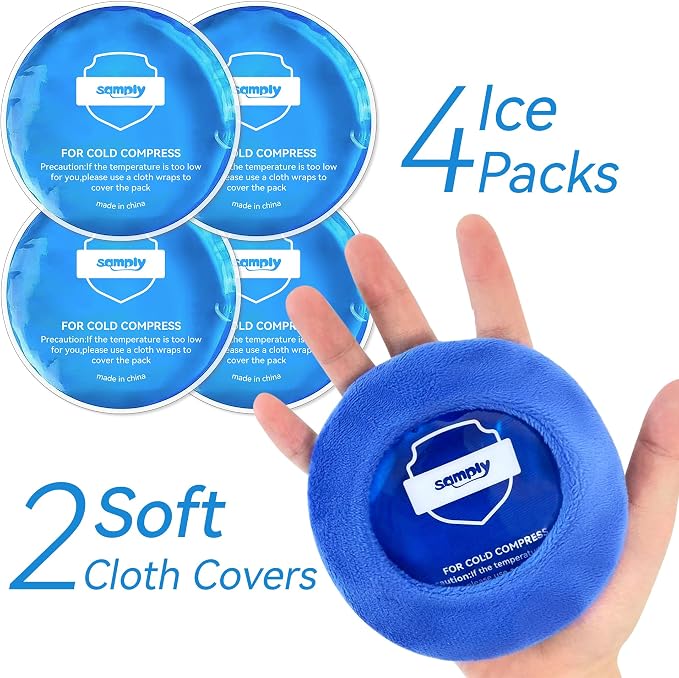 samply Small Gel Ice Packs for Boo Boos, Cold Packs for Injuries Reusable Pain Relief, Headaches and Toothaches,Eyes, Face, 4 Pack Mini Round Ice Packs with 2 Covers for Cold Compress, Dark Blue