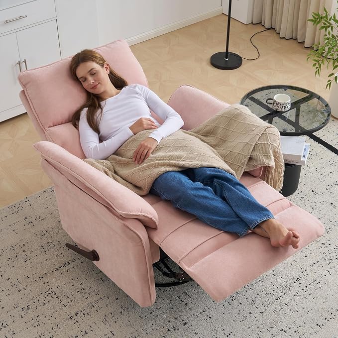 Oversized Recliner Chair, 24" Extra Wide 360° Swivel Rocker Recliner with Adjustable Headrest, Chenille Glider Rocking Nursery Chair with Overstuffed Armrest, Lumbar Support, Pink