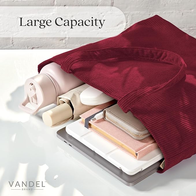 VANDEL Corduroy Tote Bag for Women and Men with Zipper and Inner Pockets. Cute School Tote Bag with Zipper, Aesthetic