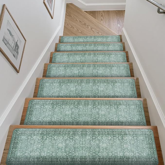 Vintage Stair Treads Non Slip Stair Runners for Wooden Steps 15PCS 8"x30" | Indoor Carpet Stair Treads for Wood Stairs Rubber Staircase Step Treads for Kids & Dogs, Stair Covers, Green