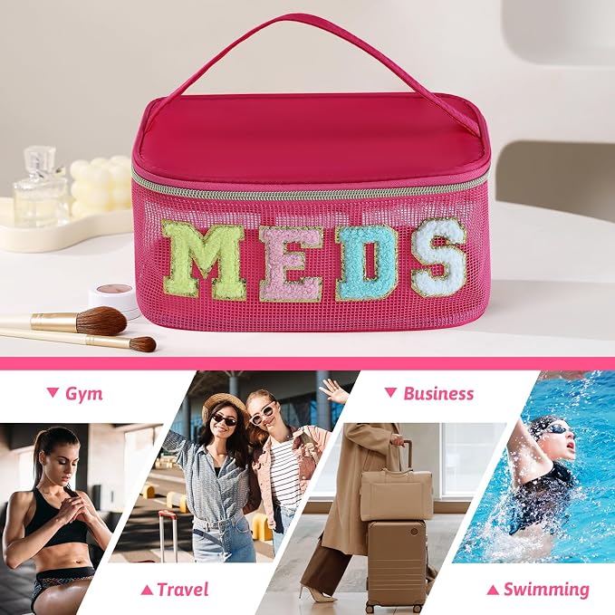 Medicine Bag, Portable Meds Bag with Chenille Letters, Breathable Mesh Makeup Bag Organizer for Travel, Pill Storage & Cosmetic Collection