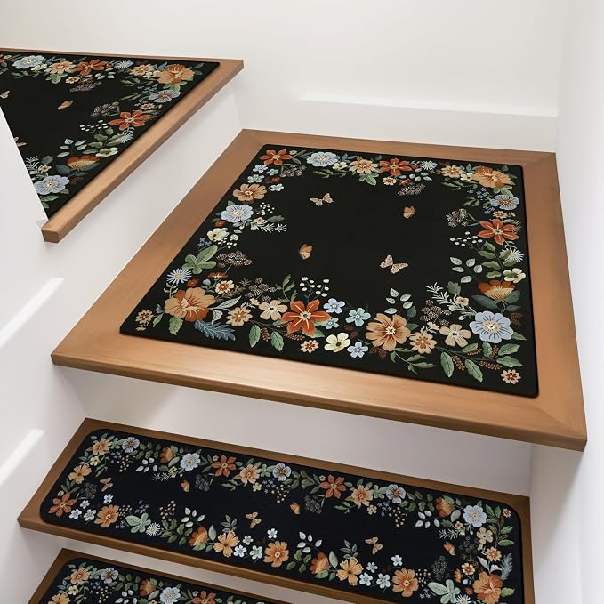 OJIA Floral Stair Treads Non-Slip Landing Mat for Wooden Steps 31"x31" | Square Carpet Stair Treads Rubber Backing Stair Runner Anti-Slip Stair Matching Mat Stair Rugs Carpet for Stairs