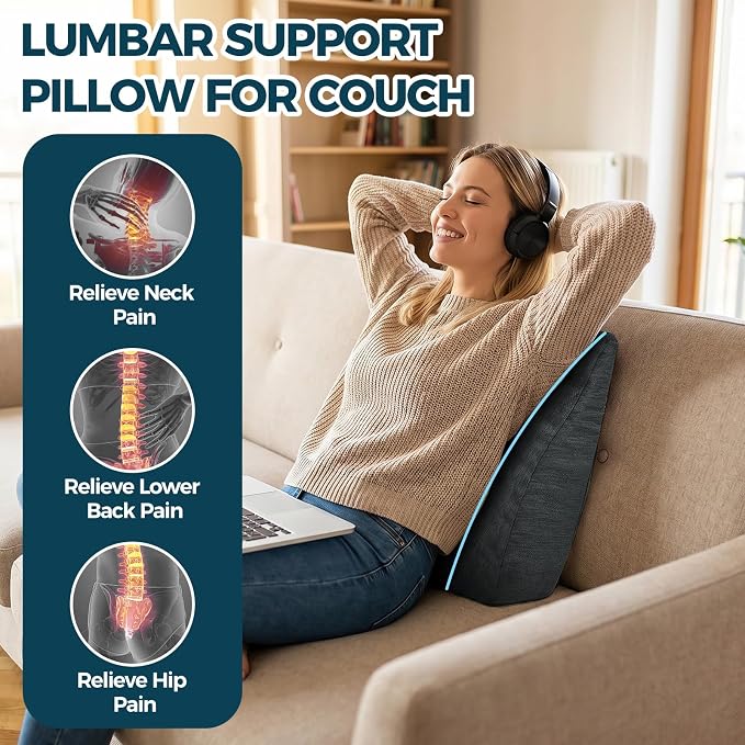 Back Support Pillow for Recliner Soft Dual Layer Lumbar Support Pillow with Shredded Memory Foam Ergonomic Orthopedic Couch Lumbar Cushions for Elderly Lower Back Pain Relief Dark Grey