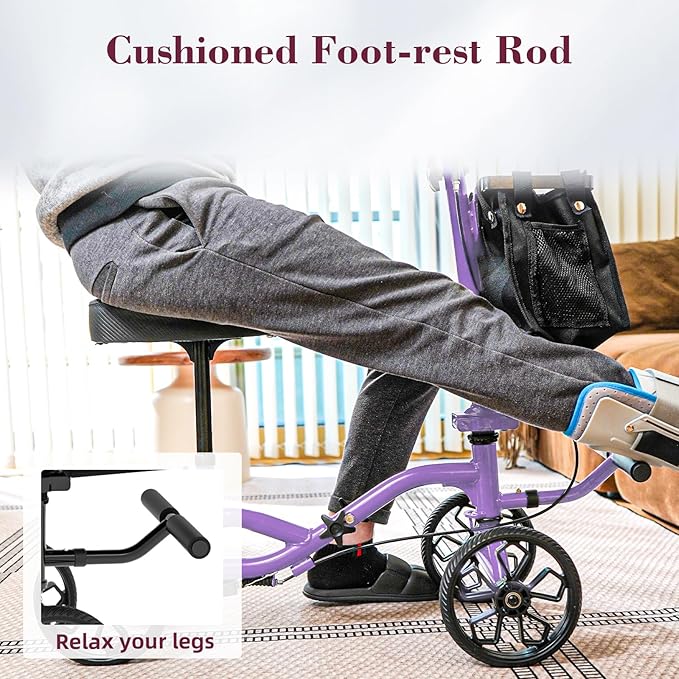Lightweight Knee Scooter Crutch Alternative, Foldable & Adjustable Knee Scooter for Adults for Foot Surgery, Steerable Knee Walker with Detachable Basket, Includes DIY Stickers-Cream Purple