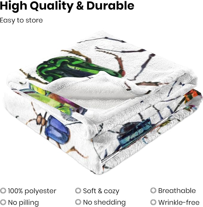 Colorful Beetle Insect Print Blanket 60"x80" - Ultra Soft Flannel Fleece Throw for Adults & Kids, Bug Lover Gift, Cozy Lightweight Blankets for Couples & Children, All-Season for Bed/Couch/Camping