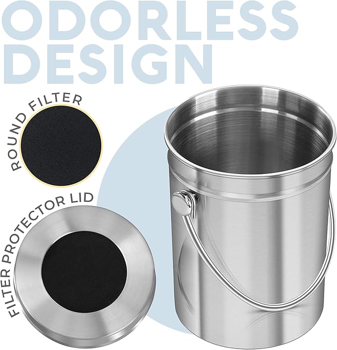 Epica Kitchen Compost Bin for Kicthen Countertops, 1.3 Galllon - Silver | Stainless Steel, Rust- Resistant, Resistant to Leaks, Replaceable Charcoal Filter for Odorless Composting