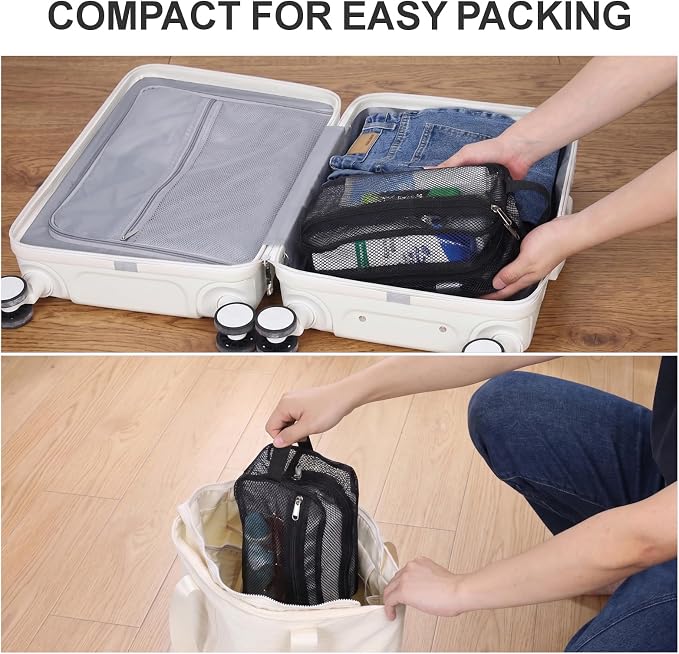 Mesh Shower Caddy Portable with Zipper - Toiletry Shower Bag for travel Gym | 2 Pockets, Quick-Dry Mesh, S-Hook, Small Hanging Shower Caddy for Toiletry Essentials, Bathroom & Camping, Black
