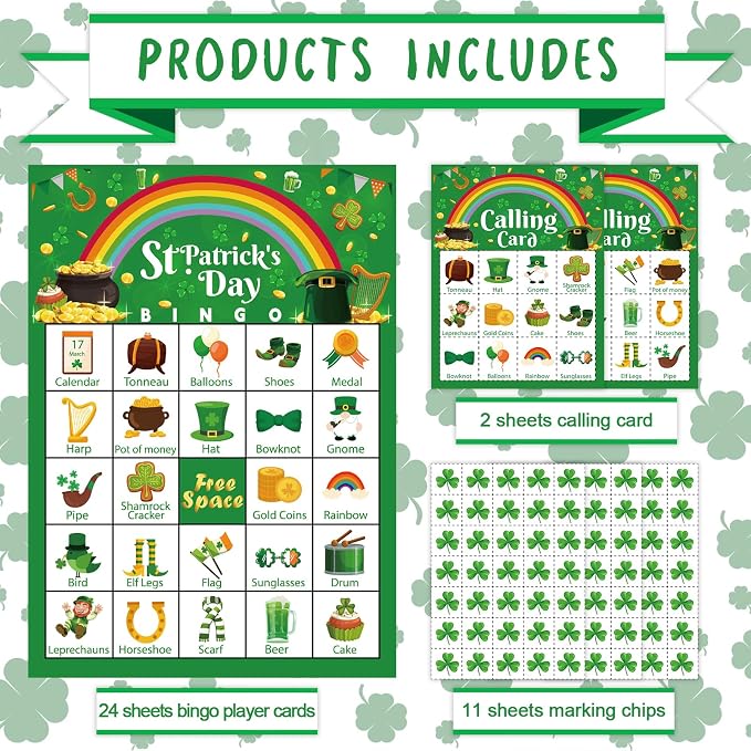 St Patrick's Day Bingo Games Cards, 24 Players St Patrick's Day Party Bingo Games Irish Shamrock Bingo Cards for Saint Patrick's Day Family School Classroom Activities
