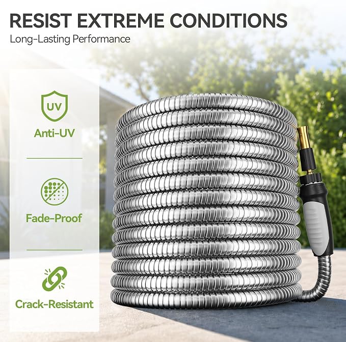 SPECILITE Expandable Metal Garden Water Hose 100 FT with Adjustable Nozzle | 1.5X Expandable, 304 Stainless Steel Heavy Duty, Flexible, Kink Free, Leak-Proof, Lightweight, for Reel Outdoor Yard Car Wash