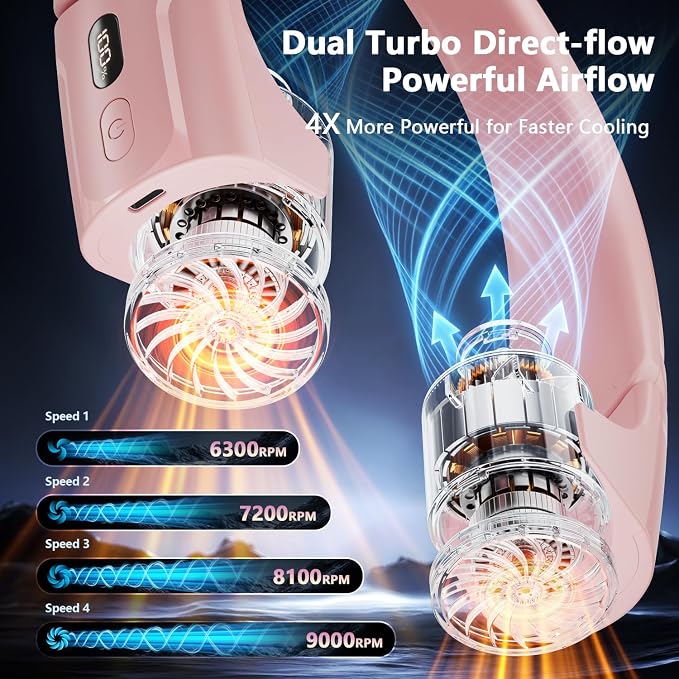 Mavax ChillGo Portable Neck Fan - 8000mAh Personal Wearable Fan, 9000 RPM Direct-flow 4X Powerful 360° Airflow Cooling Fan, Max 16H, 4 Speeds, LED Display, Great Gifts for Men Women - 5th Gen Pink