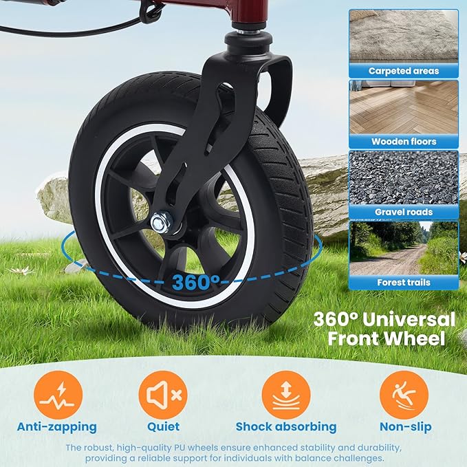 Rollator Walker for Seniors/Adults Foldable Rolling Walker with Seat 330 lbs Capacity 10 inch Wheels Hand Grips Adjustable Height Lightweight Durable Aluminum Walker Removable Back Support 7210(Red)