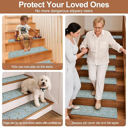 OJIA Stair Treads Non-Slip Landing Mat for Wooden Steps 31"x31" Stair Rugs | Square Capet Stair Treads Rubber Backed Stair Runner Anti-Slip Matching Mat Stair Rugs Carpet for Stairs Blue