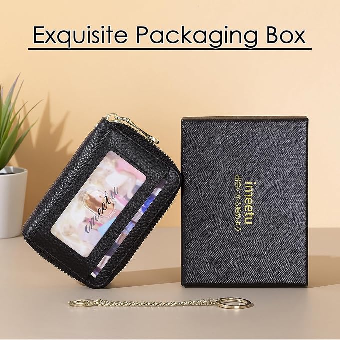 imeetu RFID Credit Card Holder, Small Card Wallet Women, Leather Card Case | Genuine Leather Women's Card & id Cases, Change Coin Purse with Zipper Keychain id Window, 20 Colors & 3 Styles, Daily, Gifts