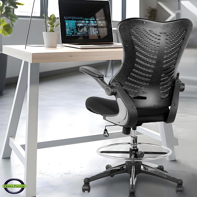 OfficeFactor 300 Lbs Ergonomic Drafting Chair Tall Office Chair Standing Desk Chair Flip up Armrests Molded Foam Seat with Adjustable Footrest Ring Lumbar Support (Black MESH Fabric)
