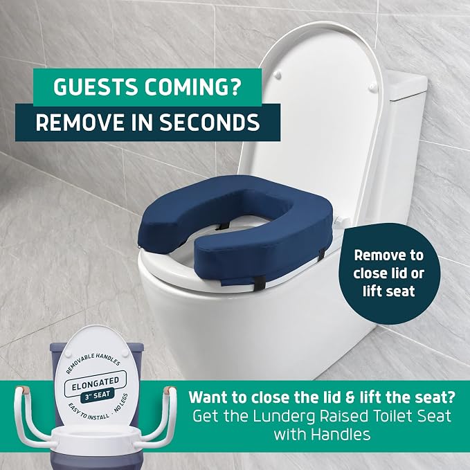 Lunderg Padded Toilet Seat Riser for Seniors - Adds 3 inches. Universal Fit | FIRM Raised Toilet Seat Cushion with High-Density Foam for Enhanced Comfort & Elevation. Post-Surgery Must have (Blue)