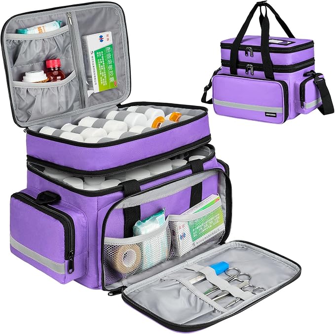 Large Pill Bottle Organizer, Double Layers Medicine Storage Bag with Lockable Zippers and Shoulder Strap,Medication Travel Bag for Prescription Bottles, Vitamins & Medical Supplies, Purple (Bag Only)