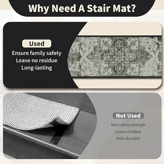 Non Slip Stair Treads for Wooden Steps, 4 Pack 8"x30" Washable Carpet | 8x30 in soft chenille polyester stair treads with reusable TPE backing for indoor wood stairs, dogs, kids, and seniors