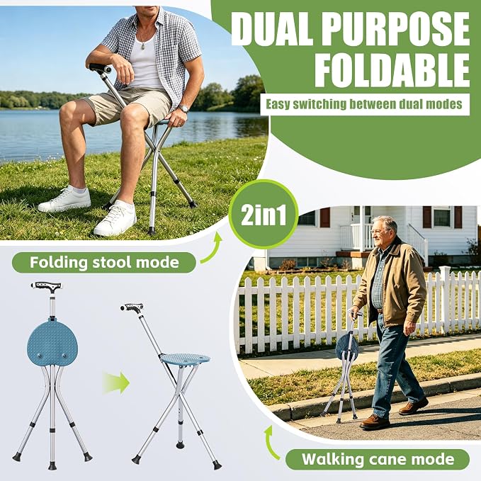Alloy Folding Cane with Seat, Lightweight Adjustable Walking Cane with Seat, Cane Seat with LED for Seniors, Cane Chair for Woman/Man,Anti-Slip Walking Stick for Seniors