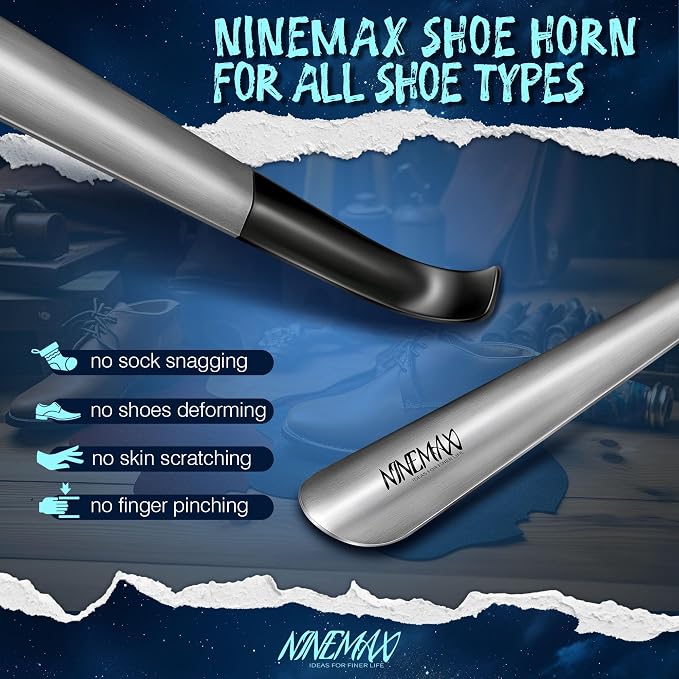 NINEMAX Shoe Horn Long Handle for Seniors Men Women, Metal Long Shoehorn for Boots Stainless Steel Shoe Spoon Helper 16.5''(Pack of 2)
