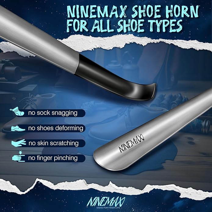 NINEMAX Shoe Horn Long Handle Metal 16.5" for Boot, Long Shoe Horns for Seniors for Men, Women