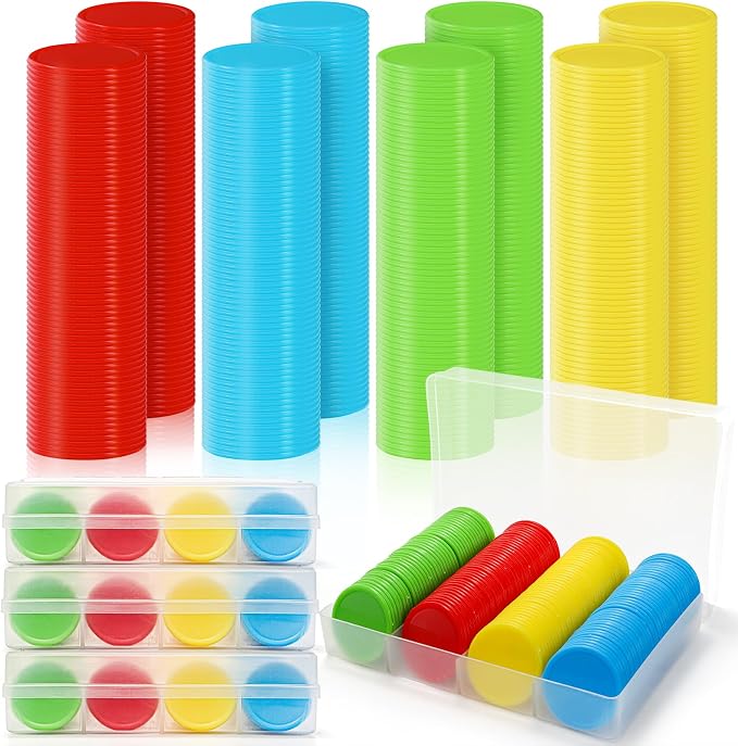 Pumtus 640 Pcs Plastic Poker Chips, 4 Colors Bingo Chips with Storage Box, 1.5 Inch Card Game Tokens, Counter Disk Counting Markers for Math Practice, Opaque Reward Coin for Teaching, Parties, Casino