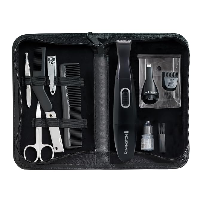 Remington Precision Grooming Travel Kit, Black, 15 Piece Set for Beard | Detail Trimmer with 8 Lengths, 5-Length Adjustable Comb, Battery Powered, Includes Nail Clippers, Tweezers, Lint Brush