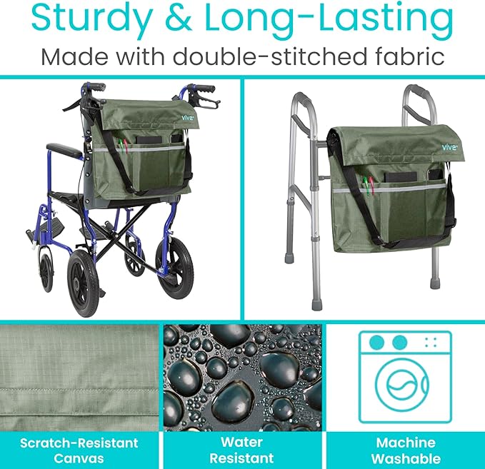 Vive XL Wheelchair Accessories Bag - Waterproof, Scratch-Resistant, Double-Stitched, Machine Washable for Adults, Seniors, 15 Colors - Storage Walker Backpack to Hang on Back of Wheel Chair