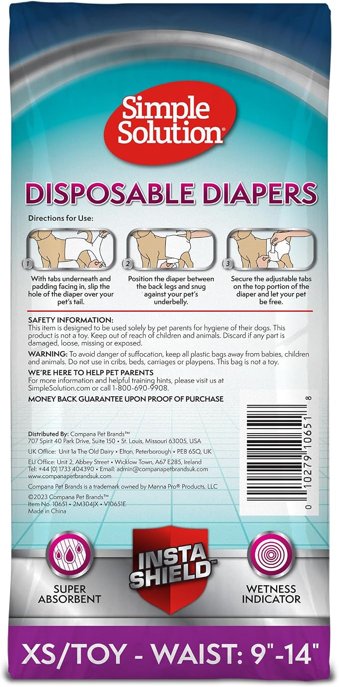 Simple Solution Female Dog Diapers, Disposable Dog Diapers, XS/Toy, 30 Ct | Dog in Heat, Potty Training, Incontinence Support, Leak Proof, Puppy Training, Disposable Protection, Secure Fit, 9-14 Inch