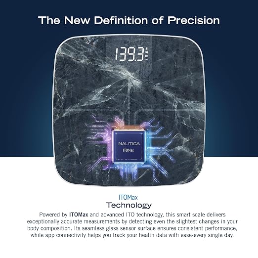 Nautica Body Tracker Digital Bathroom Scale, Bluetooth-Enabled Smart Scale with BMI, Body Fat, Muscle Mass Tracking & More, Syncs with Smartphone App for Body Composition Tracking, 440 Lbs.
