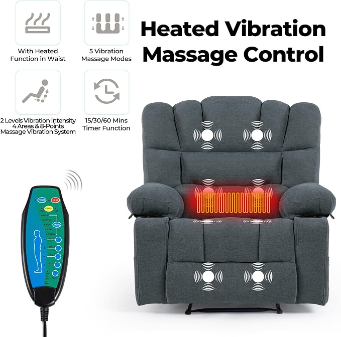 Massage Chair Recliner with Heat&Lazy Boy Recliner Chair for Adults,Manual Recliner Chair with Cup Holder,Oversized,Adjustable Backrest,Footrest,2 Pockets,Heavy Duty(Grey)