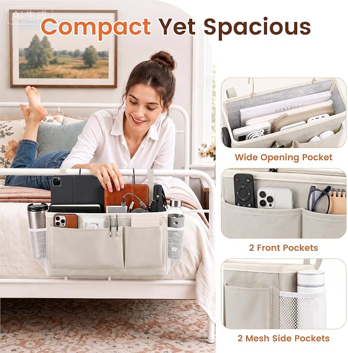 Bedside Caddy for Dorm Bed, Bedside Storage Bag Hanging Organizer | Metal Frame, Water-Resistant Lining, Fits Bed Rails up to 2.2 In, Adjustable Straps, Bunk and Hospital Beds(2 Pack, Light Gre