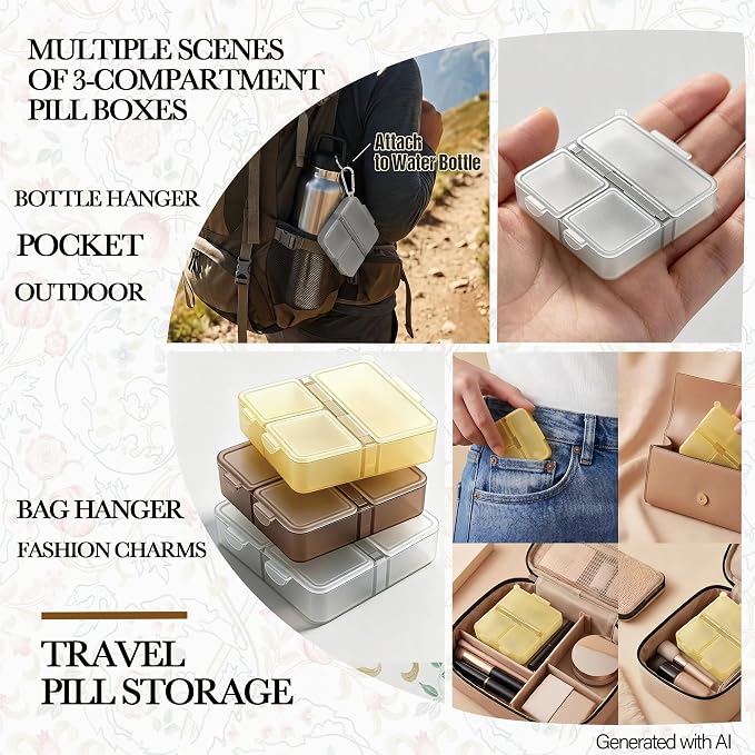 Small Travel Pill Case,6PCS Portable 3 Grids Pocket Pill Box,Mini Compact Pill Organizer for Daily Medicine,Gummy Vitamins, 3 Times Pill Container,2.4"x2.6" Brown,Yellow,Gray