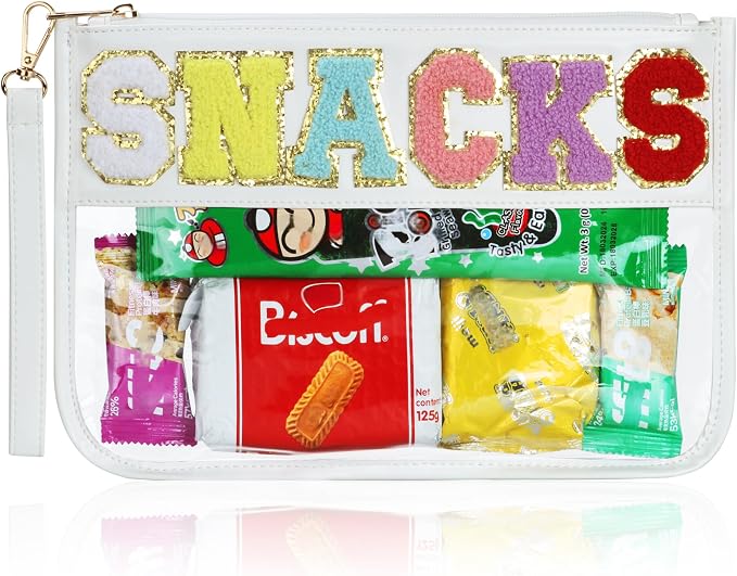 BuyCard Clear White Snack Bag for Travel, Varsity Chenille Letter Patch Flat Cosmetics Pouch with Zipper, Preppy Snacks Makeup Bags, Waterproof PVC&PU Cosmetic Toiletry Bag for Women Girls