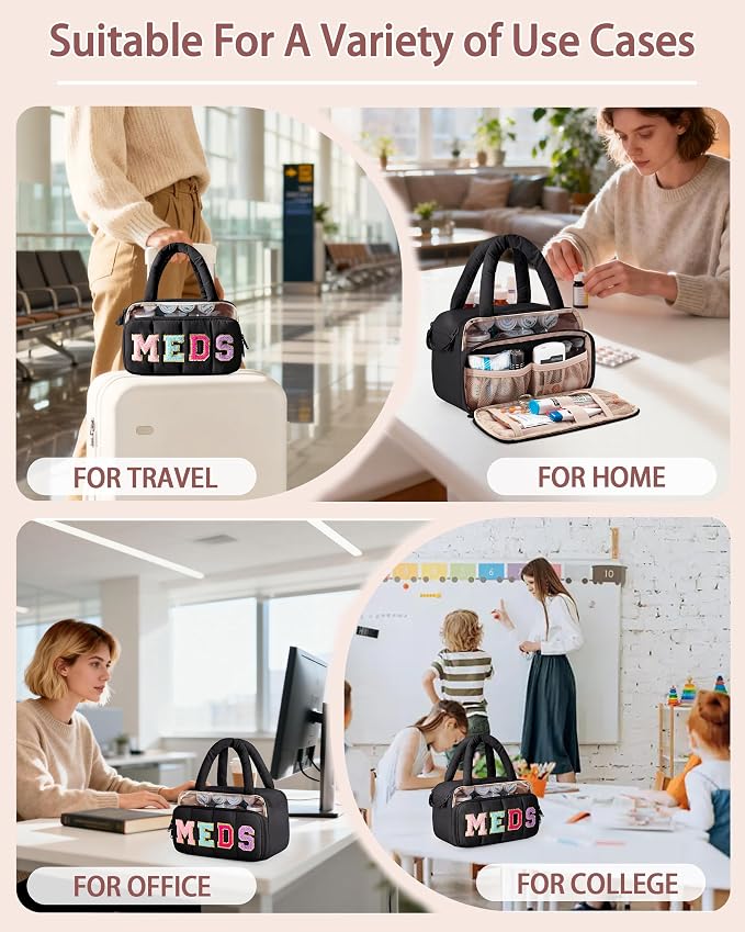 Fasrom Chenille Letter Medicine Bag, Pill Bottle Organizer for Travel Meds | Preppy Patch Design, Puffy Handle, Portable Storage for Medical Supplies & Toiletries, Makeup Case for Women