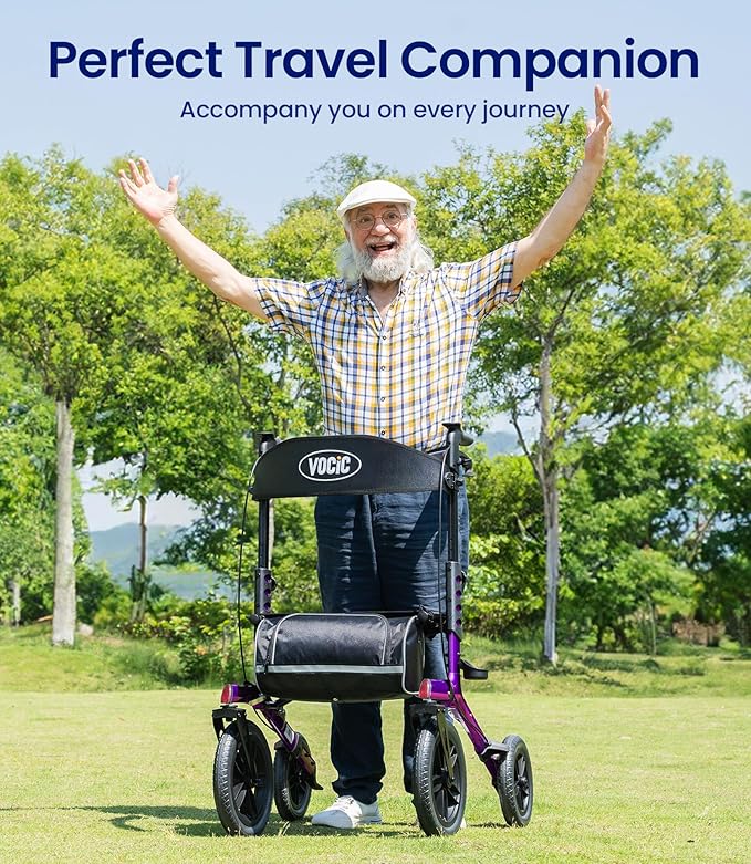 VOCIC Walker with Seat for Seniors, Z57 Outdoor Rollator Walker with 12" All Terrain Big Wheels, 7-Level Adjustable Height Rolling Walker with Safety Brakes, Storage Bag, Cup Holder