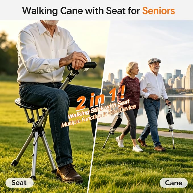 Cane with Seat Folding Lightweight, Walking Cane Stick with Seat for Seniors, Chair Cane with LED Light, Aluminum, Anti-Slip