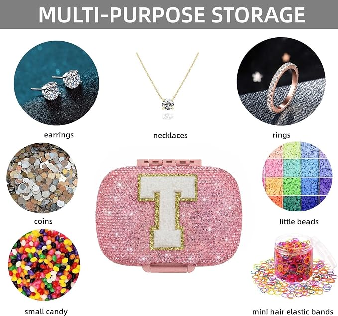 Cute Pill Organizer Small Bling Pill Case for Purse Medicine Vitamin Container Holder Daily Pill Box Container for Women Travel Medicine Kit(Letter T Pink)