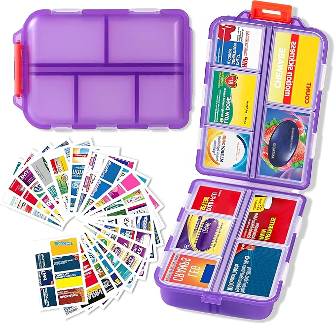 Extra Large Pill Organizer with 161 Medicine Labels, Travel Pill Case | Purple Extra large case with 10 compartments for 7-day pill planning, vitamins, supplements, and travel